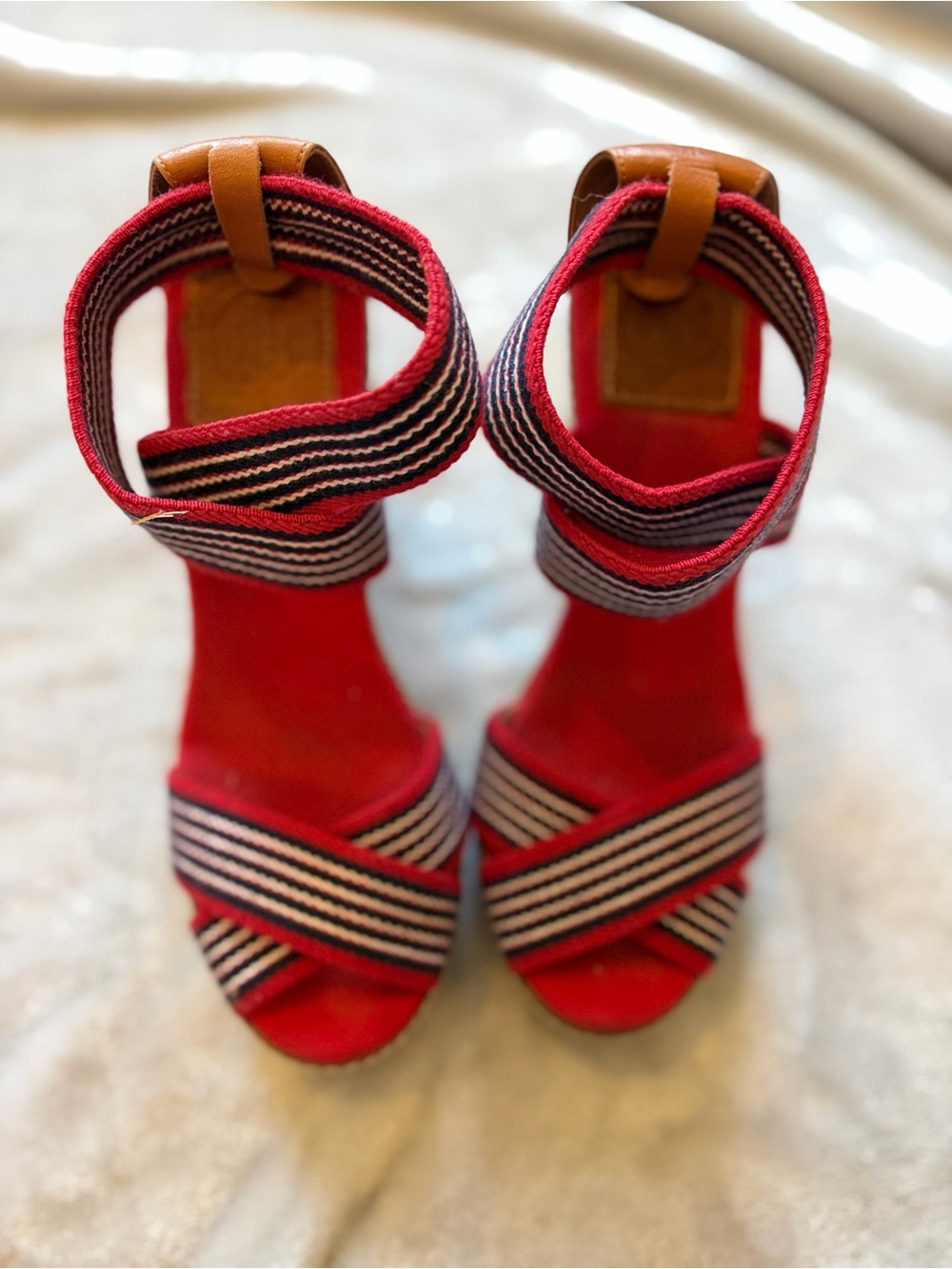 Tory Burch Adonis Red Stripe Canvas Espadrille Wedge Sandals size 7